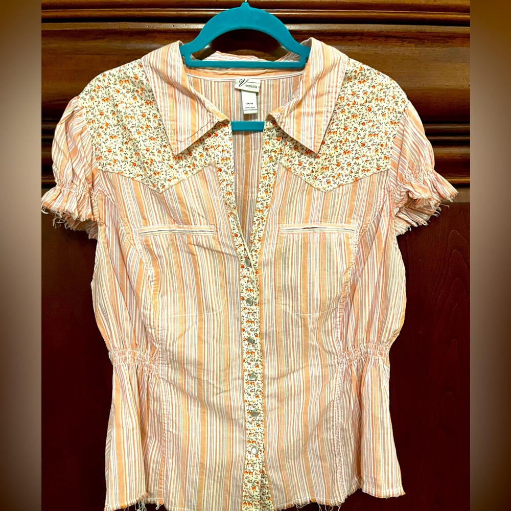 Lane Bryant Venezia Cowgirl Meets Cottagecore Peach Pink Floral Blouse 14 16